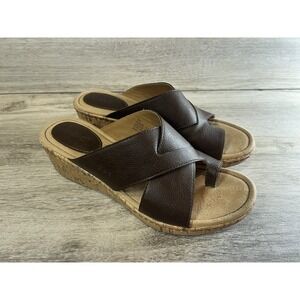 BOC Womens Brown Tan Leather Cork Wedge Slip On Sandals Size 9 Summer